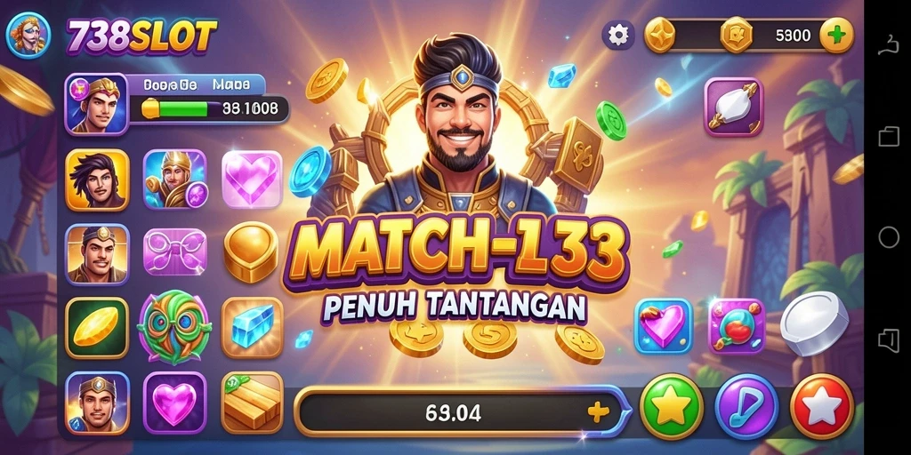 Tampilan gameplay menarik <strong>738SLOT</strong> dengan berbagai tantangan Match-3.