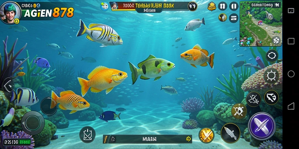 Screenshot dari gameplay AGEN878 yang menampilkan aksi seru menembak ikan.