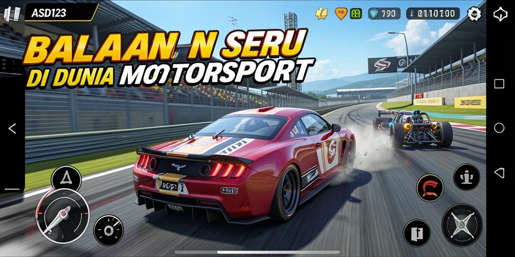 Screenshot menunjukkan aksi balapan seru dengan mobil yang beradu kecepatan.