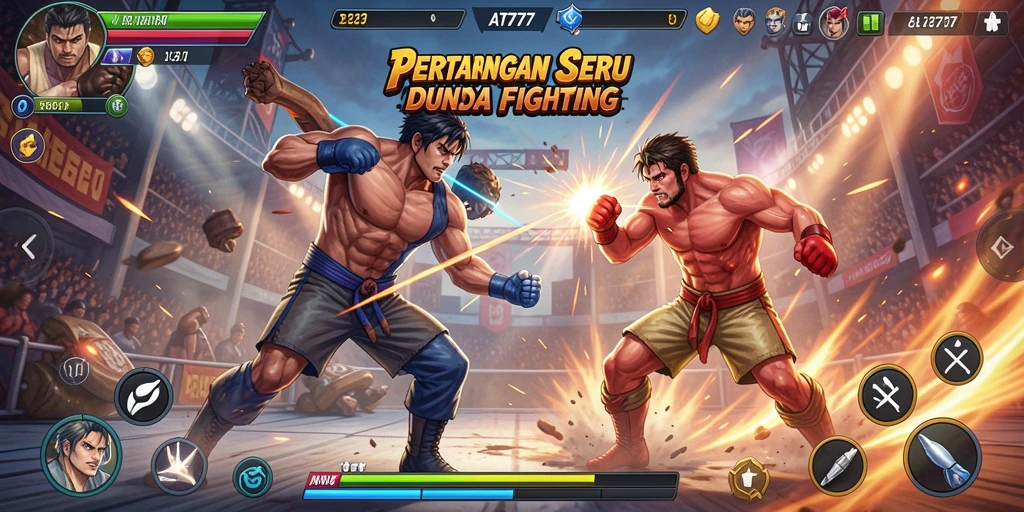 Screenshot gameplay AT777 menampilkan pertarungan seru antara karakter-karakter unik.
