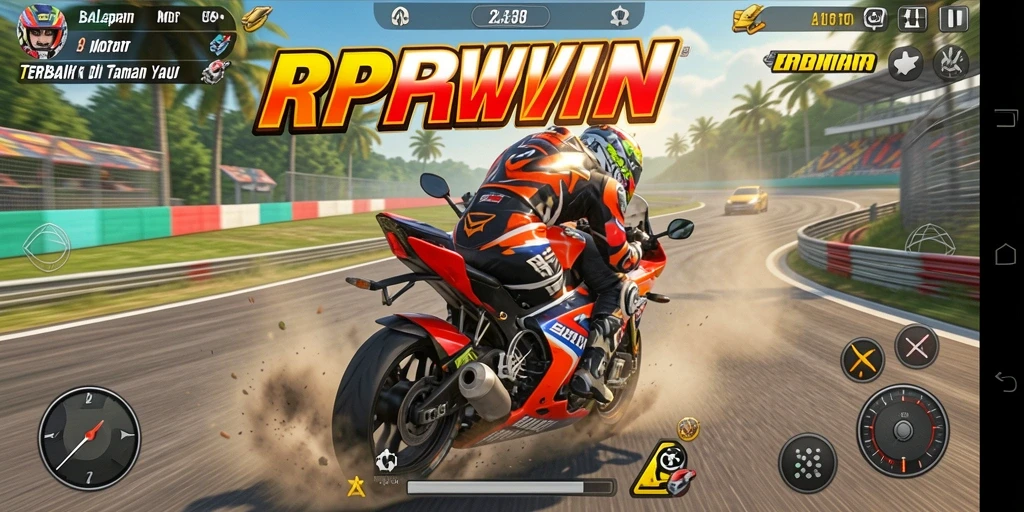 Tangkapan layar RPWIN menampilkan aksi balapan motor yang mendebarkan.